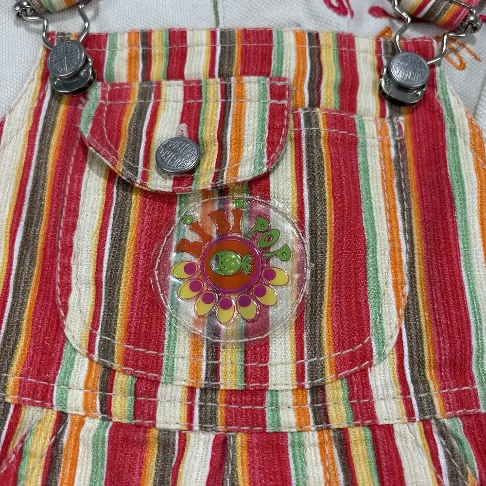 Vintage Striped‎ Hippie Boho Overalls Shortalls Set Flower Baby Girl 90s Y2K